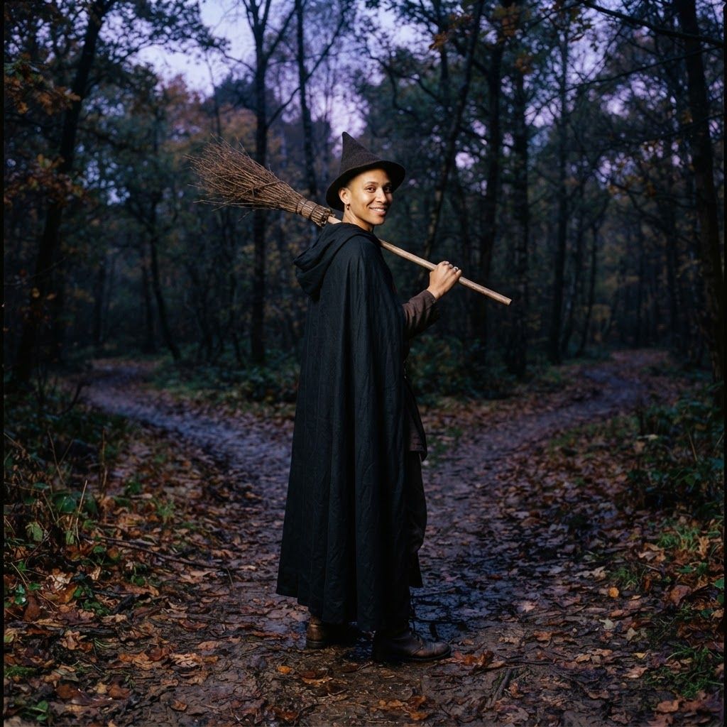 Witch on a Wooded Path: Photorealistic head-to-toe portrait at a fork in a wooded path just after sunset.