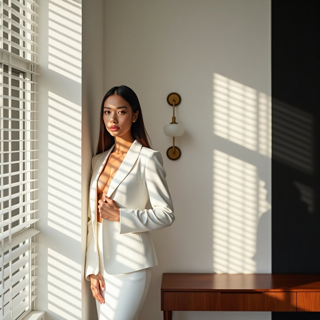 AI-generated photo: Photorealistic window‑light bridal portrait photography in a mid‑century modern corner with venetian...