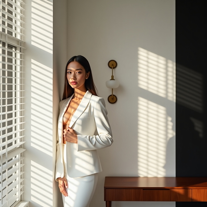 AI-generated photo: Photorealistic window‑light bridal portrait photography in a mid‑century modern corner with venetian...