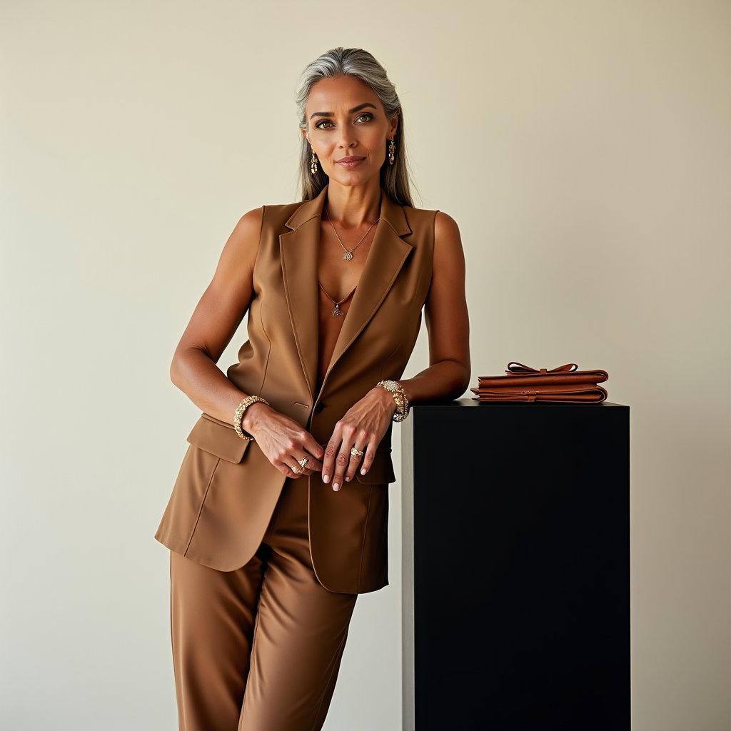 Smart Vest And Trousers: Editorial-style personal studio portrait against a textured off-white plaster wall, framed from mid-thigh up.
