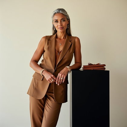 Gilet de tailleur et pantalon : portrait personnel de studio au style éditorial devant un mur de plâtre blanc cassé texturé, cadré à partir de mi-cuisse.