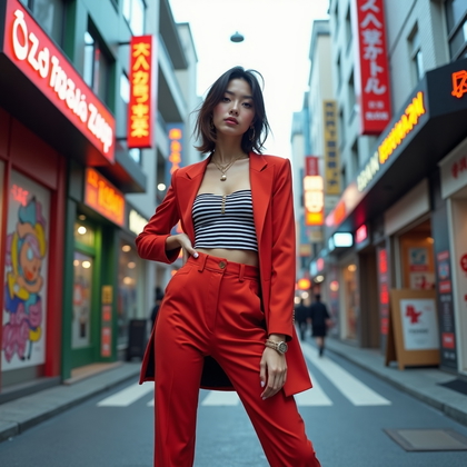 AI-generated photo: Photorealistic fashion portrait, an ultra-stylized Harajuku-inspired image set on a fashionable side...