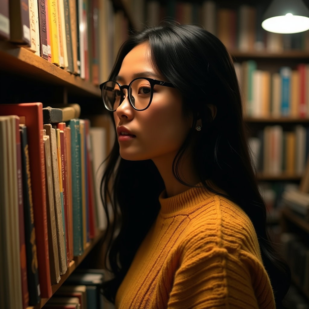 Bookstore Browse: Side-profile portrait beside a crowded vintage paperback wall in a cramped independent bookstore, one visible person leaning in with quiet…