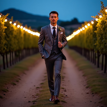 AI-generated photo: Photorealistic wedding editorial photography of a full-length hero portrait along a vineyard lane at...
