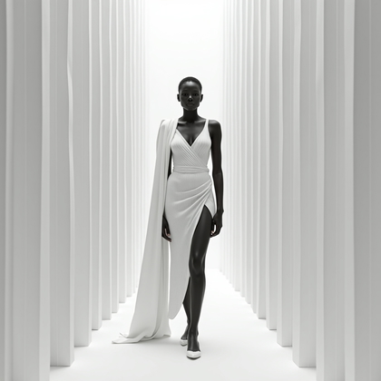 AI-generated photo: Photorealistic fashion editorial photo within a monochrome installation of towering white paper fins...