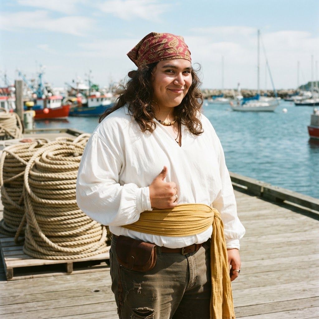 Sunlit Pirate at the Harbor: Playful waist-up pirate-costume photo by stacked rope coils on an empty dock.