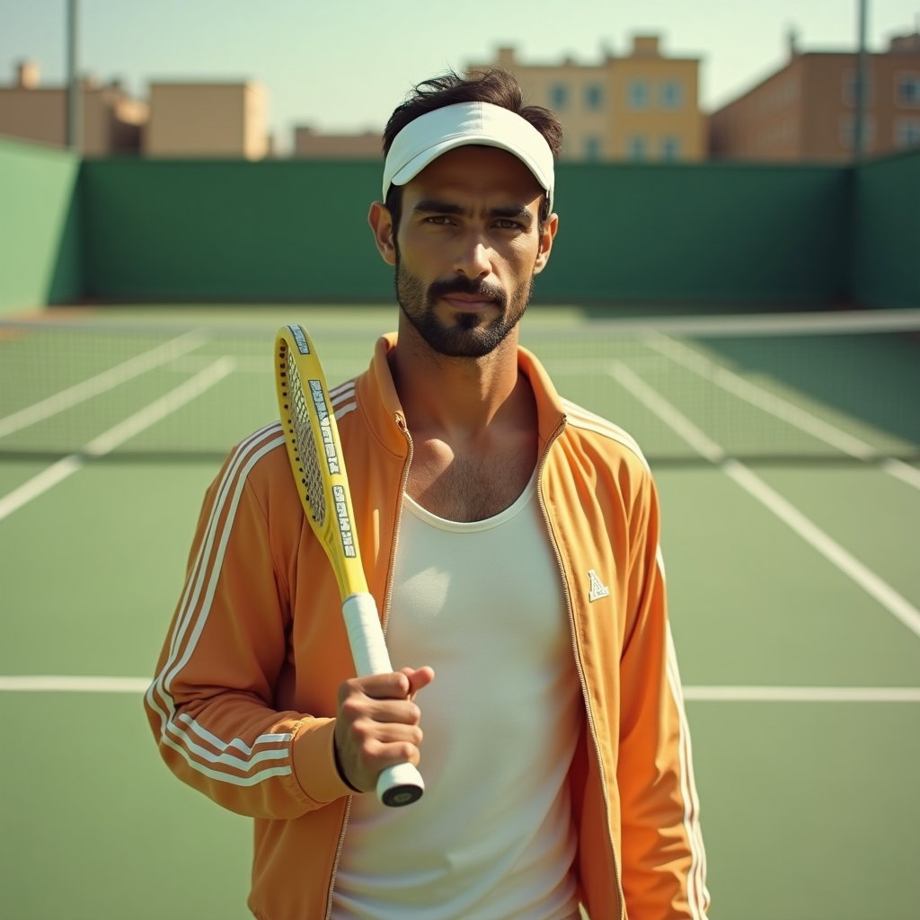 Vintage 70s Tenniscore Portraits example: Photorealistic vintage 1970s editorial hero photograph. Wide cinematic portrait at the center of an empty tennis court,