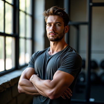 AI-generated photo: Photorealistic natural-light portrait photography of a subject standing beside a tall industrial gym...