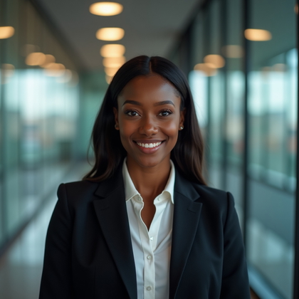 AI-generated photo: LinkedIn photo set in a glass-walled corporate corridor with soft city bokeh, subject in structured ...