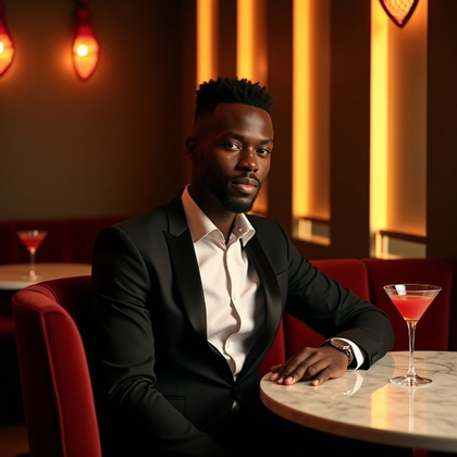 Dating profile photo, a half-body date-night portrait in an upscale cocktail lounge, with the subject seated at a small marble table, one arm relaxed on the tabletop, shoulders open, and a playful expression toward the viewer. Style with elevated eveningwear, a single elegant drink as a prop, warm amber lighting, velvet and brass background accents, shallow background separation, and a sophisticated romantic mood.