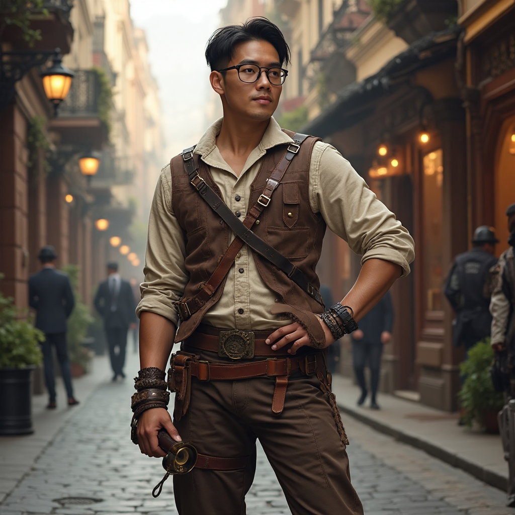 AI-generated photo: High-Impact Hero photo featuring a character dressed in a steampunk-inspired adventurer outfit. The ...