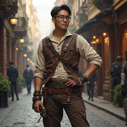 AI-generated photo: High-Impact Hero photo featuring a character dressed in a steampunk-inspired adventurer outfit. The ...