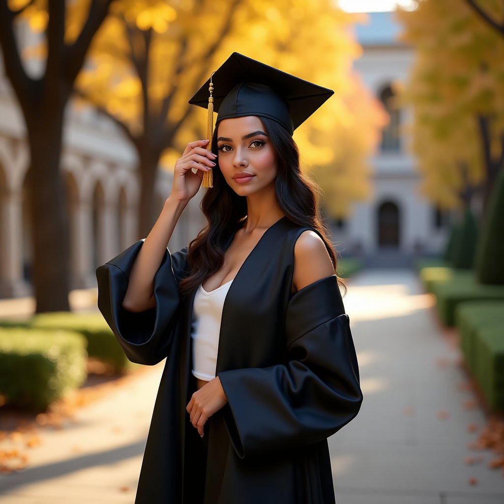 AI-generated photo: Photorealistic fashion portrait photography, a tassel-touch graduation portrait set in a leafy campu...