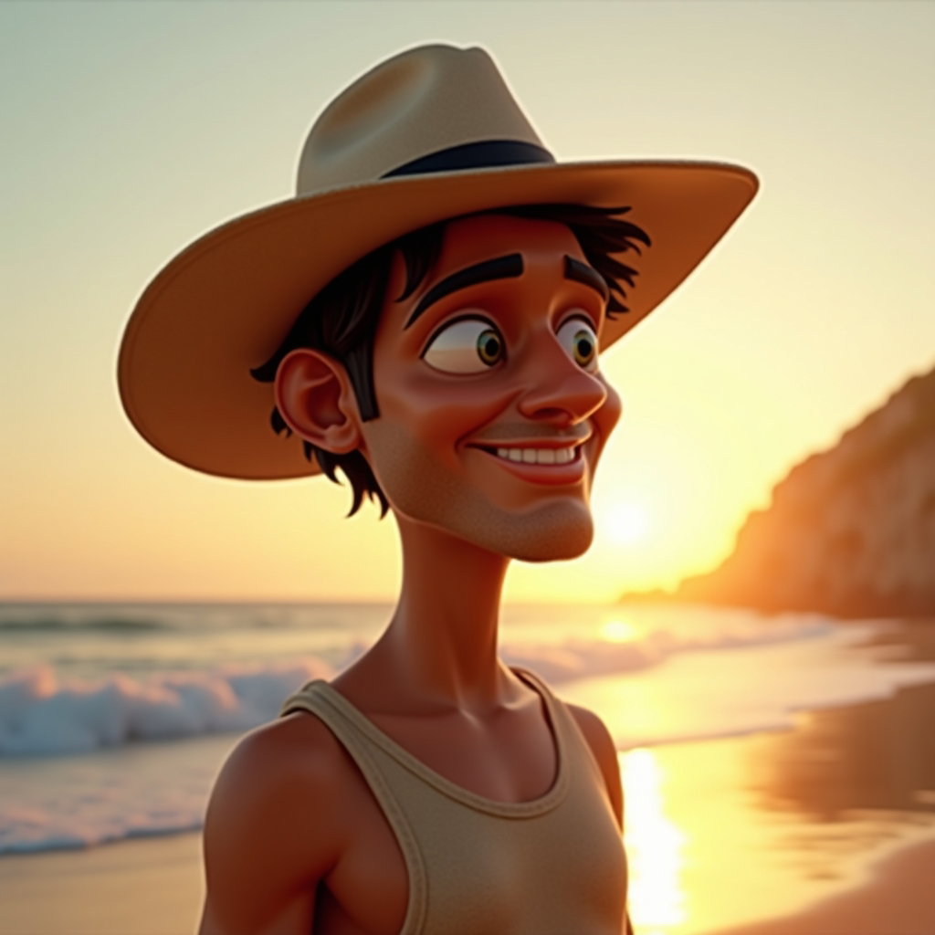 AI-generated photo: 3D caricature render. A beach cliff at golden hour with the sun just off-axis creates an incandescen...
