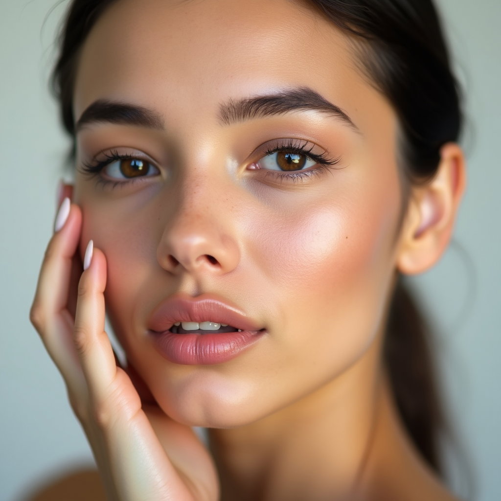 AI-generated photo: Photorealistic editorial beauty portrait photography, tight close-up of a face filling the frame wit...