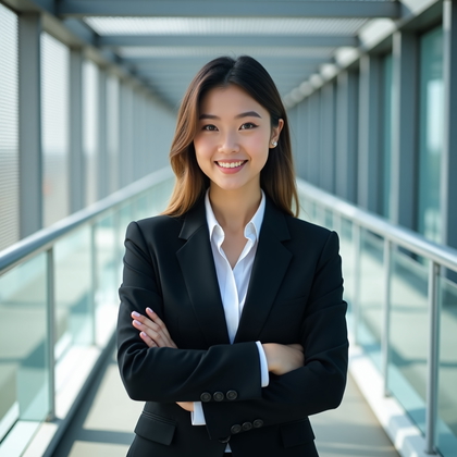 Professional headshot on an internal office skybridge where perforated metal sunshades create gentle geometric patterns behind, the walkway receding into a soft gradient of depth; composed chest-up, centered, with micro-adjusted shoulders and a poised, approachable expression in sharp business attire. Balanced soft key from slightly above eye level, small bounce from below to open shadows, and a narrow rim defining the far shoulder. Cool-neutral palette with matte textures and minimal visual noise for a tech-forward executive tone.
