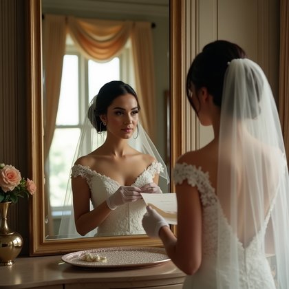 AI-generated photo: Photorealistic wedding photography in a historic mansion dressing room with a three-panel mirror, th...