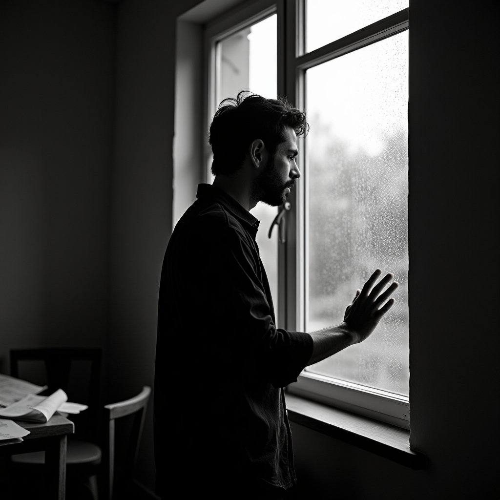 Moody Black-and-White Ballad Album Cover Portraits example: Photorealistic black-and-white album cover photo. Environmental portrait in a dim rehearsal room near a rain-streaked wi