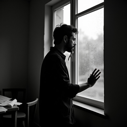 Moody Black-and-White Ballad Album Cover Portraits example: Photorealistic black-and-white album cover photo. Environmental portrait in a dim rehearsal room near a rain-streaked wi