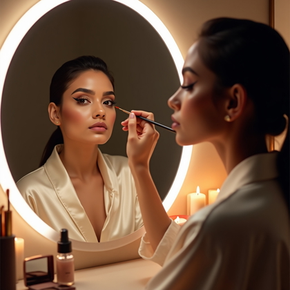 AI-generated photo: Photorealistic lifestyle photography of a makeup artist at a backlit vanity applying a razor-sharp w...