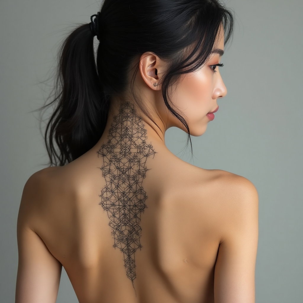 AI-generated photo: **Photorealistic photography** of a woman with a distinctive geometric back tattoo. This minimalist ...