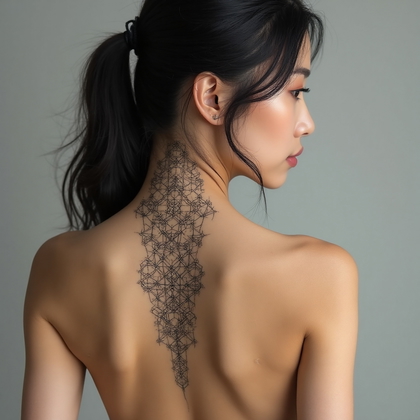 AI-generated photo: **Photorealistic photography** of a woman with a distinctive geometric back tattoo. This minimalist ...