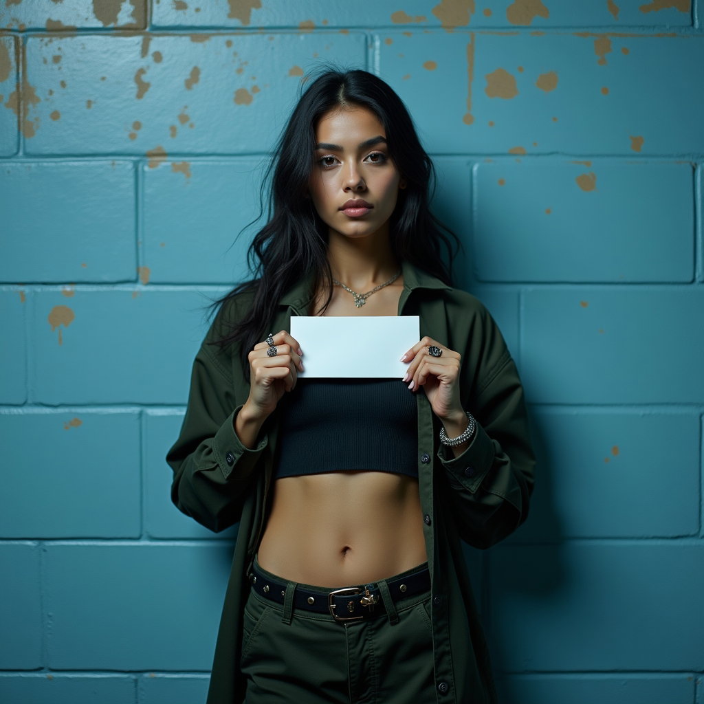 AI-generated photo: Photorealistic fashion-forward booking portrait, straight-on and framed from the knees up, with the ...