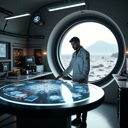 AI-generated photo: Photorealistic editorial portrait photography. A moon base scientist is depicted in a central resear...