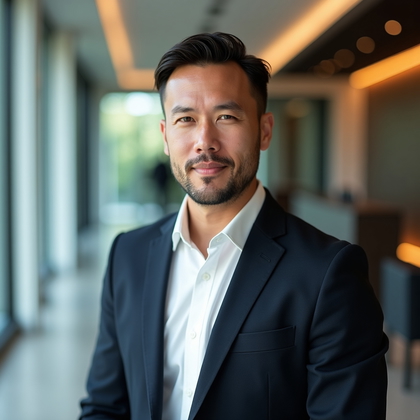 Professional headshot in a sleek corporate reception area, the backlit ribbed-glass feature wall and thin brass inlays rendered in smooth blur, subject framed tight head-and-shoulders in a tailored blazer over a collared shirt, shoulders square and posture upright, calm confident expression, clean loop lighting with a broad soft key from camera-left and a gentle back kicker to outline the silhouette, natural color and polished retouch with crisp, professional clarity.