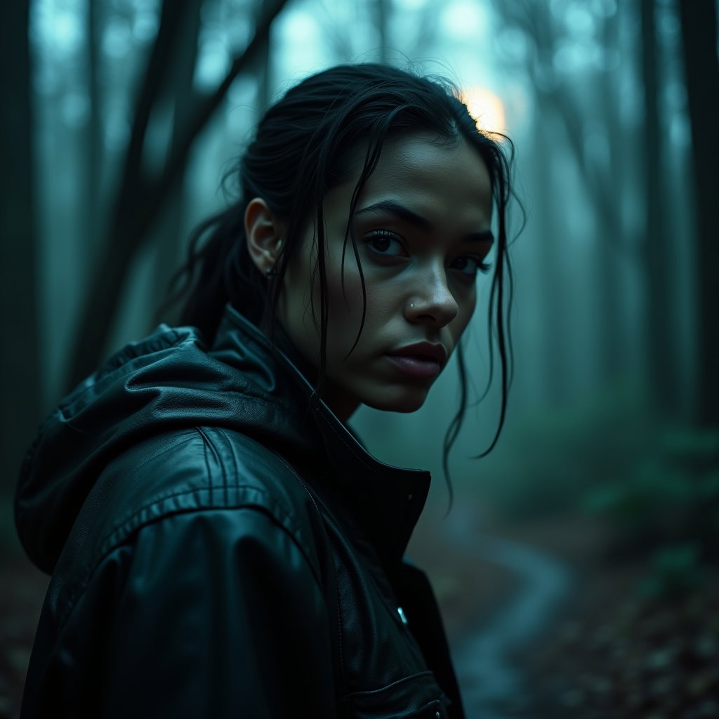 Forest Chase Over-the-Shoulder Portrait example: Cinematic horror close-up portrait photo. Tight over-the-shoulder forest chase composition, with the subject turned shar