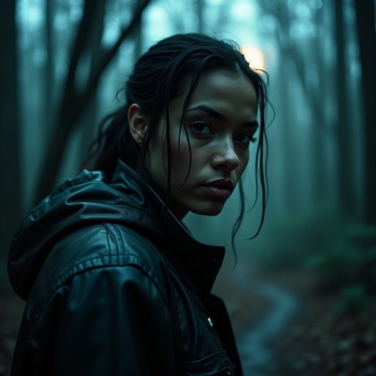 Forest Chase Over-the-Shoulder Portrait example: Cinematic horror close-up portrait photo. Tight over-the-shoulder forest chase composition, with the subject turned shar
