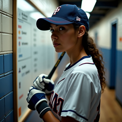 AI-generated photo: Photorealistic sports portrait photo in the clubhouse corridor at the magnetic lineup board, standin...