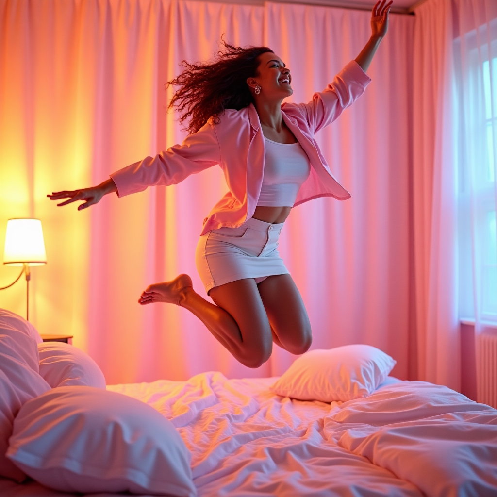 Dreamy Bedroom Pop Album Cover Photos example: Photorealistic bedroom pop album cover photo. Motion/action cover image of the subject mid-jump on a bed, face visible a