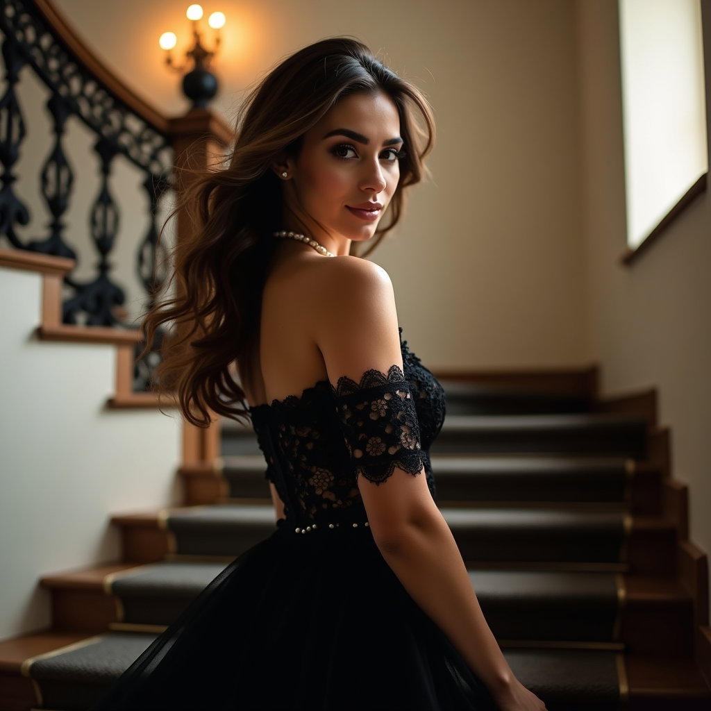 Black Lace Beauty Portrait with Pearl Details example: Dating profile photo. Motion portrait on a grand staircase, with the subject turning slightly as black lace fabric and p
