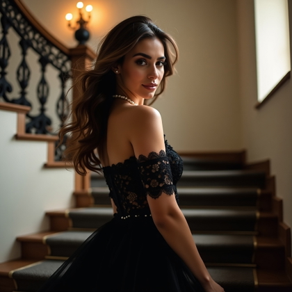 Black Lace Beauty Portrait with Pearl Details example: Dating profile photo. Motion portrait on a grand staircase, with the subject turning slightly as black lace fabric and p