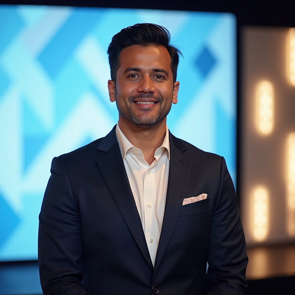 AI-generated photo: Professional headshot photograph on a corporate town-hall stage before an abstract LED backdrop with...