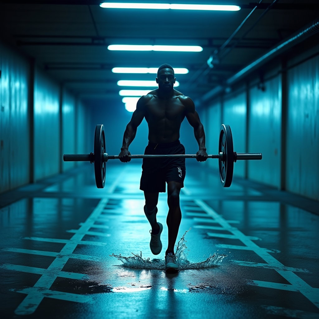 AI-generated photo: Photorealistic fitness photography of a farmer’s carry in a parking-garage gym annex with blue LED t...