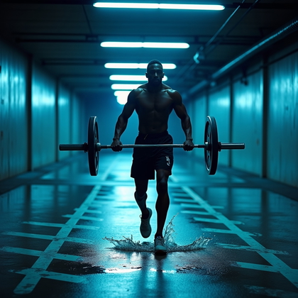 AI-generated photo: Photorealistic fitness photography of a farmer’s carry in a parking-garage gym annex with blue LED t...