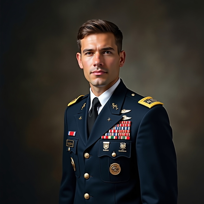 AI-generated photo: Photorealistic studio portrait photography. A sharply composed formal military promotion portrait wi...