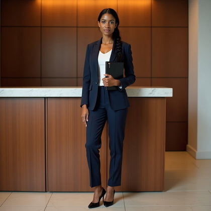 Tailleur-pantalon bien coupé : portrait personnel en pied dans un espace d’accueil d’entreprise aux panneaux de bois, une seule personne visible dans un tailleur-pantalon bleu marine impeccable avec un…