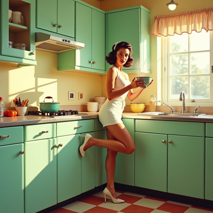 AI-generated photo: Photorealistic 1950s pin-up color photograph in a mint-and-cream home kitchen with a chrome dinette ...
