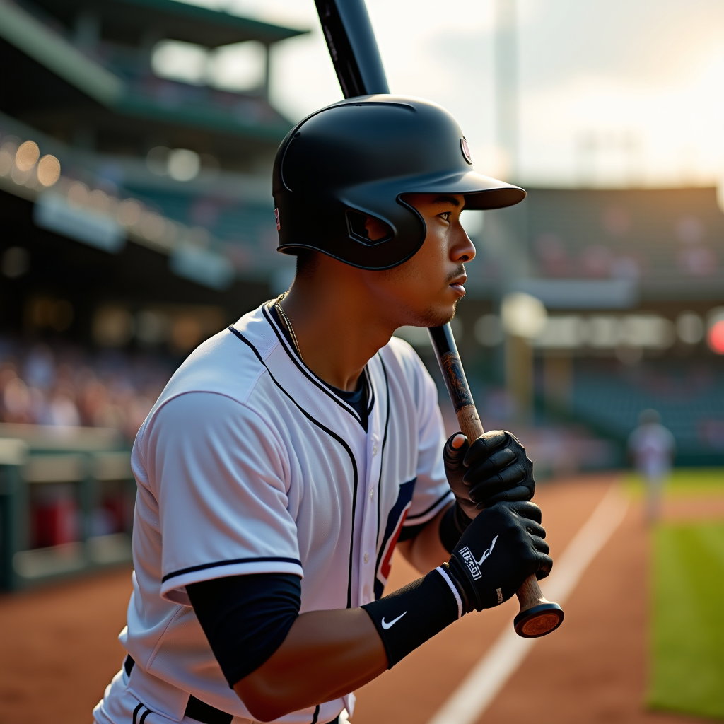 AI-generated photo: Photorealistic professional sports photography capturing a rhythmic practice swing in the on-deck ci...