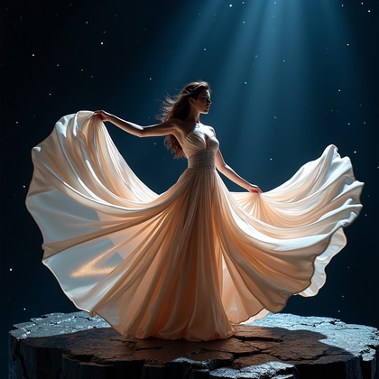 AI-generated photo: Photorealistic luxury fashion photography, a figure in a metallic silk gown that shimmers like liqui...