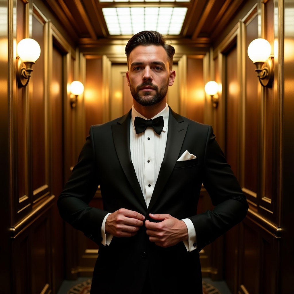 AI-generated photo: Photorealistic wedding photography portrait inside a vintage Art Deco elevator with brushed brass pa...