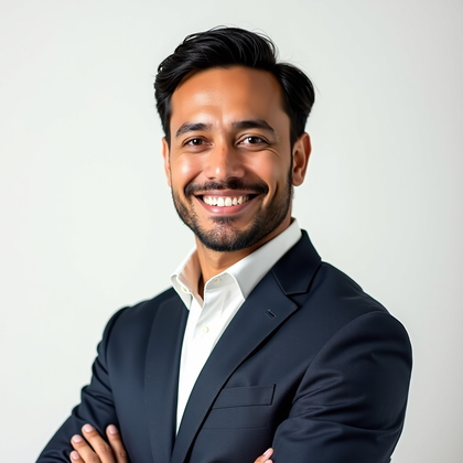 AI-generated photo: Professional headshot: high-key neutral studio with an off-white seamless and soft backdrop gradient...