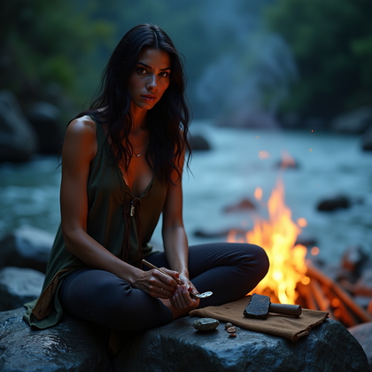 AI-generated photo: Photorealistic cinematic portrait at twilight beside a rushing river, with the flint knapper perched...