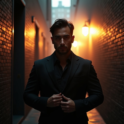 AI-generated photo: Photorealistic studio portrait on a minimalist alleyway set with a textured dark wall, where a fire-...