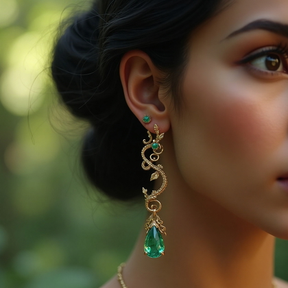 AI-generated photo: Cosplay accessory close-up featuring a pair of delicate elven earrings, crafted from fine gold filig...