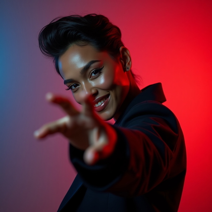 AI-generated photo: Photorealistic editorial beauty portrait photography, waist-up vertical composition in a studio with...