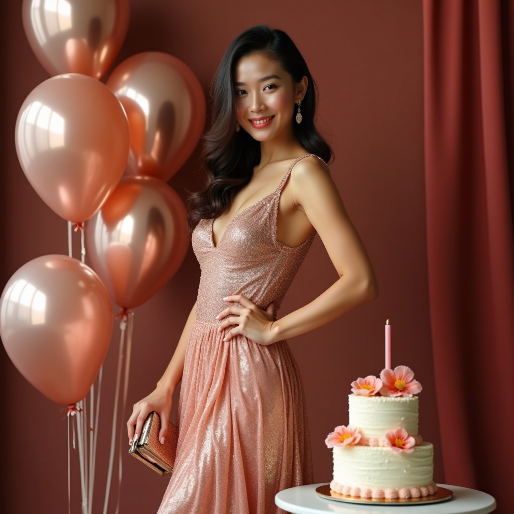 Glam Birthday Beauty Portraits for Makeup, Hair, and Details example: Photorealistic fashion portrait. Full-body birthday outfit reveal with the subject standing confidently beside a minimal
